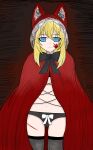  1girl absurdres animal_hood black_bow black_bowtie black_panties black_souls blonde_hair blood blood_on_face bow bowtie cape cloak cross-laced_clothes fur-trimmed_hood fur_trim highres hood hood_up hooded_cape panties red_cape red_cloak red_hood_(black_souls) ribbon self-upload thighhighs twistedlupo underwear white_ribbon 