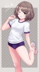  1girl blue_buruma blue_eyes blush breasts brown_hair buruma dated flick_(sal23) gym_shirt gym_shorts gym_uniform highres idolmaster idolmaster_cinderella_girls leg_up looking_at_viewer medium_breasts mole mole_under_eye one_eye_closed open_mouth pink_footwear polka_dot polka_dot_background shirt shoes short_hair shorts signature smile sneakers solo takagaki_kaede thighs 