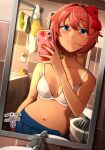  1girl absurdres attempted_suicide bare_shoulders bathroom blue_eyes bow breasts closed_mouth collarbone commentary contrapposto doki_doki_literature_club electrical_outlet english_commentary hair_between_eyes hair_bow hair_intakes highres holding holding_phone khyle. looking_at_viewer medium_breasts mirror open_clothes open_skirt panties panties_removed phone pink_hair red_bow reflection ribbon sayori_(doki_doki_literature_club) selfie short_hair skirt smile solo sticker tile_wall tiles toaster toilet underwear 