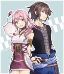  1boy 1girl blue_eyes closed_mouth collarbone final_fantasy final_fantasy_xiii final_fantasy_xiii-2 hamagurihime highres jewelry long_hair moogle necklace noel_kreiss open_mouth pink_hair serah_farron side_ponytail skirt smile thighhighs 