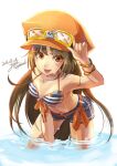  1girl adjusting_clothes adjusting_headwear alternate_costume bare_shoulders bikini blue_bikini bracelet brown_eyes brown_hair cabbie_hat front-tie_bikini_top front-tie_top guilty_gear guilty_gear_xrd hat jewelry long_hair looking_at_viewer may_(guilty_gear) open_mouth orange_headwear pirate_hat skull_and_crossbones striped striped_bikini swimsuit vertical-striped_bikini vertical_stripes yora 