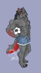  abs alexzandr_sokolov anthro ball biceps black_body black_fur black_hair bottomwear canid canine canis claws clothing digitigrade fur hair hi_res male mammal markings muscular muscular_male neck_tuft newt_wolfbuck pecs red_eyes red_markings red_tail shorts soccer_ball solo tail tuft wolf 