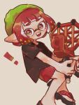  ! +_+ 1girl absurdres black_shirt commentary eyelashes green_headwear highres inkling inkling_girl open_mouth red_hair red_shorts sandals shirt short_hair shorts simple_background solo splatoon_(series) splatoon_3 squid_beakon_(splatoon) symbol-only_commentary teeth white_background yato3m 