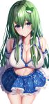  1girl 7saki absurdres bangs bare_shoulders blue_eyes blue_skirt blurry blurry_background blush breasts cleavage closed_mouth collarbone depth_of_field detached_sleeves frills frog_hair_ornament green_hair hair_between_eyes hair_ornament hair_tubes hand_up highres kochiya_sanae large_breasts long_hair looking_at_viewer midriff navel shirt simple_background skirt snake_hair_ornament solo touhou white_background white_shirt 
