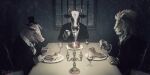  2018 alcohol amamidori ambiguous_gender anthro beverage black_bow_tie black_tie_(suit) bovid bovine bow_tie candle cattle clothed clothing container cup cutlery digital_media_(artwork) dining_room dinner disembodied_foot disembodied_hand domestic_pig drinking_glass eating felid fingers fork furniture glass glass_container glass_cup gloves gore group handwear kitchen_utensils light lion mammal pantherine scp-280-fr scp_foundation sitting snow snowing snowing_outside suid suina suit sus_(pig) table tools trio window wine wine_glass 