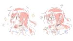  1girl :d @_@ black_choker blush blush_stickers bocchi_the_rock! choker cropped_torso e20 flying_sweatdrops green_eyes highres kita_ikuyo long_hair multiple_views nose_blush off-shoulder_shirt off_shoulder one_side_up red_hair shirt simple_background sketch smile sparkle steepled_fingers sweat upper_body wavy_mouth white_background white_shirt 