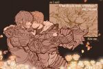  2boys absurdres ardbert_(ff14) bara beard_stubble blush brown_theme clive_rosfield couple dancing english_commentary english_text falling_petals final_fantasy final_fantasy_xvi floral_background from_side fur-trimmed_armor gauntlets glowing glowing_petals grey_(heiiotropy) highres holding_hands kiss male_focus mature_male multiple_boys multiple_views mustache_stubble petals short_hair thick_eyebrows yaoi 