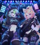  2023 2girls animal_ears bandaid bandaid_on_face bandaid_on_nose blonde_hair blue_eyes breasts bsapricot_(vtuber) cat_ears cat_girl cat_tail chain collar cowboy_shot dated demon_girl demon_horns fangs gloves green_eyes green_hair guitar hair_between_eyes highres holding holding_instrument holding_microphone horns indie_virtual_youtuber instrument kamochiru looking_at_viewer medium_breasts microphone midriff multiple_girls multiple_horns navel obkatiekat open_fly open_mouth panties purple_eyes single_thighhigh slit_pupils spiked_collar spikes stage_lights tail teeth thigh_strap thighhighs tongue underwear vshojo watermark 
