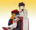  1boy 1girl black_hair brown_hair china_dress chinese_clothes curry curry_rice dress eating food hat hime_cut holding holding_spoon jiangshi long_sleeves nanimonothing original red_trim rice spoon 