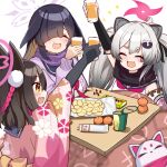  3girls :d ^_^ animal_ear_fluff animal_ears arm_up black_gloves black_hair black_scarf blue_archive blunt_bangs chips_(food) closed_eyes colored_inner_hair cup drinking_glass elbow_pads eyeshadow fingerless_gloves food fox_ears fox_girl fruit gloves gradient_hair grey_hair hadanugi_dousa hair_between_eyes hair_ornament hair_over_one_eye halo holding holding_cup izuna_(blue_archive) japanese_clothes kotatsu long_hair long_sleeves looking_at_another makeup mandarin_orange michiru_(blue_archive) multicolored_hair multiple_girls ninja o_(rakkasei) one_side_up orange_juice package parted_bangs pocky pom_pom_(clothes) pom_pom_hair_ornament potato_chips purple_scarf rabbit_ears rabbit_girl raccoon_ears raccoon_girl raccoon_hair_ornament scarf school_uniform serafuku sidelocks simple_background sleeveless smile table thick_eyebrows tsukuyo_(blue_archive) twintails two-tone_hair white_background yellow_eyes 