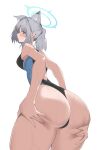  1girl absurdres animal_ear_fluff animal_ears ass ass_focus back_cutout blue_archive breasts clothing_cutout competition_swimsuit grey_hair halo highres looking_at_viewer looking_back medium_breasts ndrw7522 official_alternate_costume one-piece_swimsuit ponytail profile shiroko_(blue_archive) shiroko_(swimsuit)_(blue_archive) solo spread_ass sweatdrop swimsuit wolf_ears 