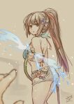  1girl breasts brown_eyes brown_hair denim denim_shorts disembodied_limb holding holding_hose hose long_hair looking_at_viewer misono_mitama ponytail saionji_reimi shorts simple_background star_ocean star_ocean_the_last_hope swimsuit 