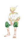  1boy 99akt1031 barefoot blonde_hair bracelet capri_pants commentary_request feet green_pants grey_eyes invisible_chair jewelry long_hair male_focus necklace pants parted_lips pokemon pokemon_(game) pokemon_legends:_arceus shirt short_sleeves simple_background sitting solo tan tanlines volo_(pokemon) white_background white_shirt 