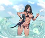  1girl au_ra avatar_(ff14) bikini black_bikini black_hair breasts commission dark-skinned_female dark_skin day dragon_horns dragon_tail final_fantasy final_fantasy_xiv hair_over_one_eye horns jamjamstyle large_breasts leg_tattoo long_hair looking_at_viewer navel outdoors red_eyes scales smile solo stomach_tattoo swimsuit tail tattoo water 