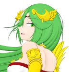  1girl armlet breasts chiton dress forehead_jewel green_eyes green_hair highres jewelry kfishing225a kid_icarus kid_icarus_uprising large_breasts laurel_crown long_hair palutena parted_bangs pendant sideboob solo strapless strapless_dress teeth upper_body upper_teeth_only vambraces very_long_hair white_dress 