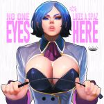  1girl ascot blue_eyes blue_hair breasts cleavage cleavage_cutout clothing_cutout collarbone dress elisabeth_blanctorche highres holding ickpot jacket large_breasts long_sleeves looking_at_viewer makeup parted_lips purple_ascot riding_crop short_hair simple_background snk solo the_king_of_fighters the_king_of_fighters_xi upper_body v-shaped_eyebrows 