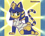  2020 abstract_background animal_crossing ankha_(animal_crossing) anthro arm_support aweeeson bangs barefoot biped blue_hair blunt_bangs bob_cut breasts clothed clothing domestic_cat dress eye_through_hair feet felid feline felis female frown hair hand_on_hip hi_res looking_aside lying mammal markings nintendo on_side outline pose signature simple_background solo striped_markings striped_tail stripes sun tail tail_markings textured_background translucent translucent_hair uraeus white_outline wide_hips wraps yellow_body 