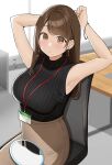 1girl :o armpits arms_up black_shirt blurry blurry_background breasts brown_eyes brown_hair brown_skirt chair commentary_request dot_nose earrings hand_mirror high-waist_skirt highres id_card indoors jewelry lanyard large_breasts light_blush long_hair looking_at_viewer mirror notice_lines office office_chair office_lady ol-chan_(ol_mahonanoka) ol_mahonanoka on_chair original parted_lips pencil_skirt ribbed_shirt shirt shirt_tucked_in sitting skirt sleeveless sleeveless_shirt solo swept_bangs swivel_chair 
