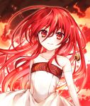  1girl alternate_costume dress elbow_gloves fire gloves highres jewelry long_hair looking_at_viewer pendant red_eyes red_hair shakugan_no_shana shana smile solo strapless strapless_dress tachitsu_teto very_long_hair white_dress white_gloves 