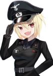  1girl :d adjusting_clothes adjusting_headwear arm_behind_back belt black_gloves blonde_hair cross fang gloves hat highres iron_cross jiseki_rena looking_at_viewer military_uniform nazi necktie original peaked_cap red_eyes reichsadler short_hair skin_fang smile solo totenkopf tsurime uniform white_background 