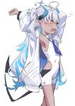  1girl absurdres armpits arms_up bike_shorts black_shorts blue_archive blue_hair blue_necktie bodysuit clothing_cutout colored_inner_hair dark-skinned_female dark_skin demon_girl demon_horns demon_tail feet_out_of_frame flat_chest halo haruyuki_(gffewuoutgblubh) highres horns jacket long_hair long_sleeves multicolored_hair necktie open_clothes open_jacket open_mouth orange_eyes pointy_ears puffy_long_sleeves puffy_sleeves purple_halo shorts side_cutout simple_background sleeveless sleeveless_bodysuit solo star_halo sumomo_(blue_archive) tail tears two-tone_hair two-tone_horns two_side_up white_background white_bodysuit white_hair white_jacket 
