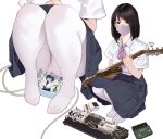  1girl black_hair black_skirt collared_shirt effects_pedal electric_guitar grey_mask guitar highres hitomi_o instrument mask medium_hair mouth_mask multiple_views neck_ribbon original pantyhose pleated_skirt purple_ribbon ribbon shirt short_sleeves simple_background skirt upskirt white_background white_pantyhose white_shirt 