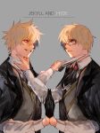  2boys ascot at_knifepoint black_ascot black_gloves black_jacket blade_to_throat blonde_hair brooch character_name closed_mouth collared_shirt dual_persona expressionless eye_contact fate/grand_order fate_(series) glasses gloves grey_background grey_eyes grey_vest grin hair_between_eyes half_gloves hand_on_another&#039;s_neck highres holding holding_knife irorigumi jacket jacket_on_shoulders jekyll_and_hyde_(fate) jewelry knife looking_at_another male_focus multiple_boys palms_together red_eyes shirt short_hair simple_background single_glove smile spiked_hair symmetry upper_body vest white_shirt 