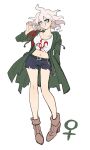  1girl abe_riko ahoge belt breasts brown_belt collarbone danganronpa_(series) danganronpa_2:_goodbye_despair genderswap genderswap_(mtf) green_jacket grey_hair hand_up high_heels highres jacket komaeda_nagito large_breasts long_sleeves messy_hair midriff navel open_clothes open_jacket shoes shorts simple_background smile solo stomach torn_clothes torn_shorts venus_symbol white_background 