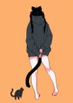  1girl ahoge animal_ears arms_behind_back bare_legs barefoot black_cat black_hair black_hoodie cat cat_ears cat_girl cat_tail commentary_request emphasis_lines feet from_behind full_body grey_hoodie highres hood hoodie legs long_hair megateru no_pants orange_background original oversized_clothes ribbon simple_background sleeves_past_wrists solo standing tail twintails white_ribbon 