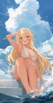  1girl absurdres arm_behind_head arm_up armpits bikini blonde_hair blush breasts cleavage cloud cloudy_sky dark-skinned_female dark_skin day elf highres hololive long_hair looking_at_viewer multicolored_hair navel nel_dcm open_mouth outdoors pointy_ears shiranui_flare shore sitting sitting_on_stairs sky soaking_feet solo stairs streaked_hair swimsuit virtual_youtuber water white_bikini white_hair 