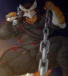  anthro blood blood_on_clothing blood_on_face bodily_fluids chain chain_leash clothing dominant dragon first_person_view godrelion_(character) hi_res leash looking_at_viewer male narphion simple_background solo 