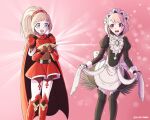  2girls absurdres apron armor blue_eyes bow breastplate bridal_gauntlets cape cloak cosplay covered_navel dress el_pan_frances feather_trim felicia_(fire_emblem) felicia_(fire_emblem)_(cosplay) fire_emblem fire_emblem_engage fire_emblem_fates hairband highres juliet_sleeves lapis_(fire_emblem) lapis_(fire_emblem)_(cosplay) long_sleeves maid maid_apron maid_headdress miniskirt multiple_girls pink_eyes pink_hair ponytail puffy_sleeves red_armor red_cape red_hairband ribbon skirt swept_bangs two-tone_hairband white_bow white_ribbon 