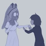  anthro black_tie_(suit) bodily_fluids clothing deer deltarune dress duo eye_contact female hi_res hitsuji human kris_(deltarune) looking_at_another male male/female mammal monochrome noelle_holiday putting_on_ring suit tears undertale_(series) wedding_dress wedding_veil 