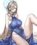  1girl absurdly_long_hair asuna_(blue_archive) blue_archive blue_dress blue_eyes bow_(bhp) bracelet breasts dress hair_over_one_eye halo jewelry large_breasts light_brown_hair long_hair looking_at_viewer no_panties o-ring_dress sitting smile solo very_long_hair 