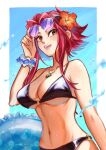  abiiii adjusting_eyewear bikini black_bikini breasts commission flower hair_flower hair_ornament hand_on_eyewear highres inflatable_toy izayoi_aki jewelry large_breasts medium_hair necklace pixiv_commission red_hair smile sunglasses swimsuit yu-gi-oh! yu-gi-oh!_5d&#039;s 