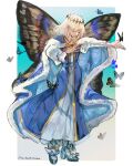  1boy absurdres arthropod_boy blue_cloak blue_dress bug butterfly butterfly_wings cloak closed_eyes crown diamond_hairband dress fate/grand_order fate_(series) full_body fur-trimmed_cloak fur_trim highres insect_wings long_sleeves maidhao male_focus medium_hair oberon_(fate) signature simple_background smile solo white_hair wings 