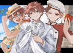  3boys ace_trappola black_border blue_background border chef chef_hat dual_persona facial_mark grey_vest hat hawaiian_shirt heart heart_facial_mark highres jacket looking_at_viewer male_focus multiple_boys one_eye_closed red_eyes red_hair red_shirt shirt short_hair sky smile soji_777 teeth twisted_wonderland vest white_jacket white_shirt yellow_shirt 