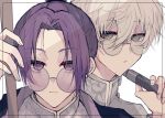  2boys black_eyes blue_lock chinese_clothes glasses grey_shirt high_ponytail highres holding holding_weapon looking_at_viewer male_focus mikage_reo multiple_boys nagi_seishirou natsuneco_02 portrait purple_eyes purple_hair round_eyewear shirt short_hair staff weapon white_background white_hair 