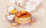  bird commentary_request duck food food_focus gobaku_no_hito lowres maple_syrup no_humans original pancake steam 