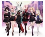  6+girls ahoge akumi_(yoclesh) animal_ears artist_request bag black_hair blonde_hair blue_eyes cat_ears cat_girl cat_tail choker closed_eyes colored_skin commentary crop_top dyarikku_(vtuber) earrings english_commentary full_body grey_hair hair_between_eyes heart heart_ahoge hoop_earrings horns huge_ahoge jewelry kneehighs long_hair looking_at_another miniskirt momote_(vtuber) multiple_girls oni oni_horns open_mouth pantyhose pink_hair ponytail red_skin school_bag school_uniform short_hair shyrei_faolan skirt smile socks standing tail teeth thighhighs tongue very_long_hair virtual_youtuber vyugen yellow_eyes yenko_(vtuber) yuniiho_(vtuber) 