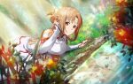  1girl adjusting_hair armor asuna_(sao) blurry blurry_foreground breastplate brown_eyes brown_hair closed_mouth day detached_sleeves dress dutch_angle flower forest long_hair long_sleeves lying nature on_side orange_flower outdoors sleeveless sleeveless_dress smile solo sparkle sunlight sword_art_online thighhighs white_armor white_dress white_sleeves white_thighhighs 