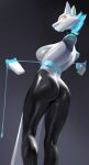  2022 anthro armless belt big_breasts big_butt biped black_clothing black_leggings black_legwear blue_hair blue_markings blue_mouth breasts butt clothed clothing deltarune empty_eyes felid feline female fingerless_(marking) floating_hands fully_clothed glistening glistening_clothing gradient_background grey_background hair hi_res holding_object holding_whip latex_leggings latex_leotard leggings legwear leotard low-angle_view machine mammal markings momo_fox portrait robot shaded simple_background smile soft_shading solo standing tasque_manager three-quarter_portrait three-quarter_view tight_clothing undertale_(series) whip white_body white_clothing white_leotard yellow_eyes 