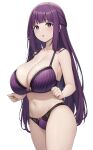  1girl :o alternate_breast_size bare_arms bare_shoulders blunt_bangs blush bow bow_bra bow_panties bra breasts cleavage collarbone fern_(sousou_no_frieren) highres huge_breasts kannko_bokujou long_hair looking_at_viewer navel open_mouth panties plant purple_bra purple_eyes purple_hair purple_panties simple_background solo sousou_no_frieren stomach thighs underwear white_background 