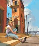  1girl absurdres adjusting_footwear backpack bag blonde_hair blue_pants bridge building city cityscape cloud cloudy_sky day denim from_side highres holding holding_bag knee_up kondroel original outdoors pants roller_skates shirt sitting skates sky solo stairs summer utility_pole white_shirt wire yellow_bag 