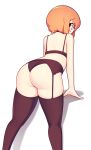  1girl ass black_bra black_panties black_thighhighs bra commentary fizintine from_behind garter_straps glasses highres looking_at_viewer looking_back luna_(fizintine) orange_hair original panties round_eyewear short_hair simple_background solo thighhighs underwear underwear_only white_background 