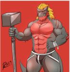 abs anthro clothed clothing dragon hair jockstrap jockstrap_only lofnirv male muscular muscular_anthro muscular_male pecs simple_background solo topless underwear underwear_only 