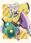  1girl :d bellibolt bow-shaped_hair character_hair_ornament commentary_request eyelashes green_hair hair_ornament highres iono_(pokemon) jacket knees long_hair long_sleeves multicolored_hair noboritoro open_mouth pink_hair pokemon pokemon_(creature) pokemon_(game) pokemon_sv shirt shoes sleeveless sleeveless_shirt sleeves_past_fingers sleeves_past_wrists smile star_(symbol) star_print teeth thigh_strap tongue twintails two-tone_hair upper_teeth_only yellow_jacket 