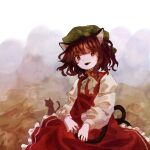  1girl animal_ear_piercing animal_ears brown_eyes brown_hair cat_ears cat_girl cat_tail chen commentary_request dress fang fingernails flat_chest frilled_dress frills green_headwear hat highres long_sleeves mob_cap multiple_tails neck_ribbon open_mouth red_dress red_nails retrochaossan ribbon sharp_fingernails short_hair smile solo tail touhou two_tails wavy_hair yellow_ribbon 