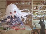  1girl ahoge ayaxno black_cat bookshelf bottle capelet cat erlenmeyer_flask flask floating_hair glass_bottle grey_hair hair_between_eyes highres holding indoors long_hair long_sleeves magic open_mouth original pointy_ears red_eyes shelf solo table tablecloth upper_body water white_hair 