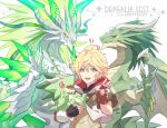  4boys animal anniversary blonde_hair capelet claws commentary_request copyright_name dragalia_lost dragon dragon_horns dragon_tail dragon_wings euden fingerless_gloves gloves green_eyes holding holding_animal hood hooded_capelet horns looking_at_viewer male_focus midgardsormr_(dragalia_lost) midgardsormr_zero_(dragalia_lost) mini_mids_(dragalia_lost) multiple_boys open_mouth red_eyes tail v wings yanagawa_eri 